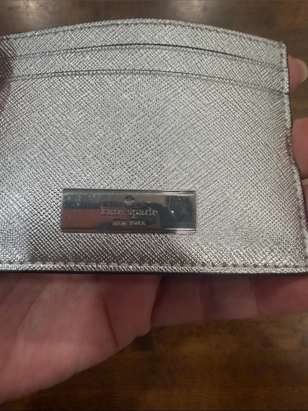 kate spade Silver Metallic Card Holder with Logo Plaque